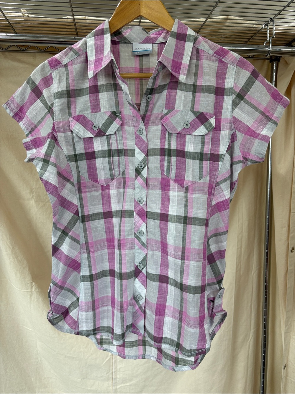 Columbia Pink and Gray Plaid Short-Sleeve Button Shirt